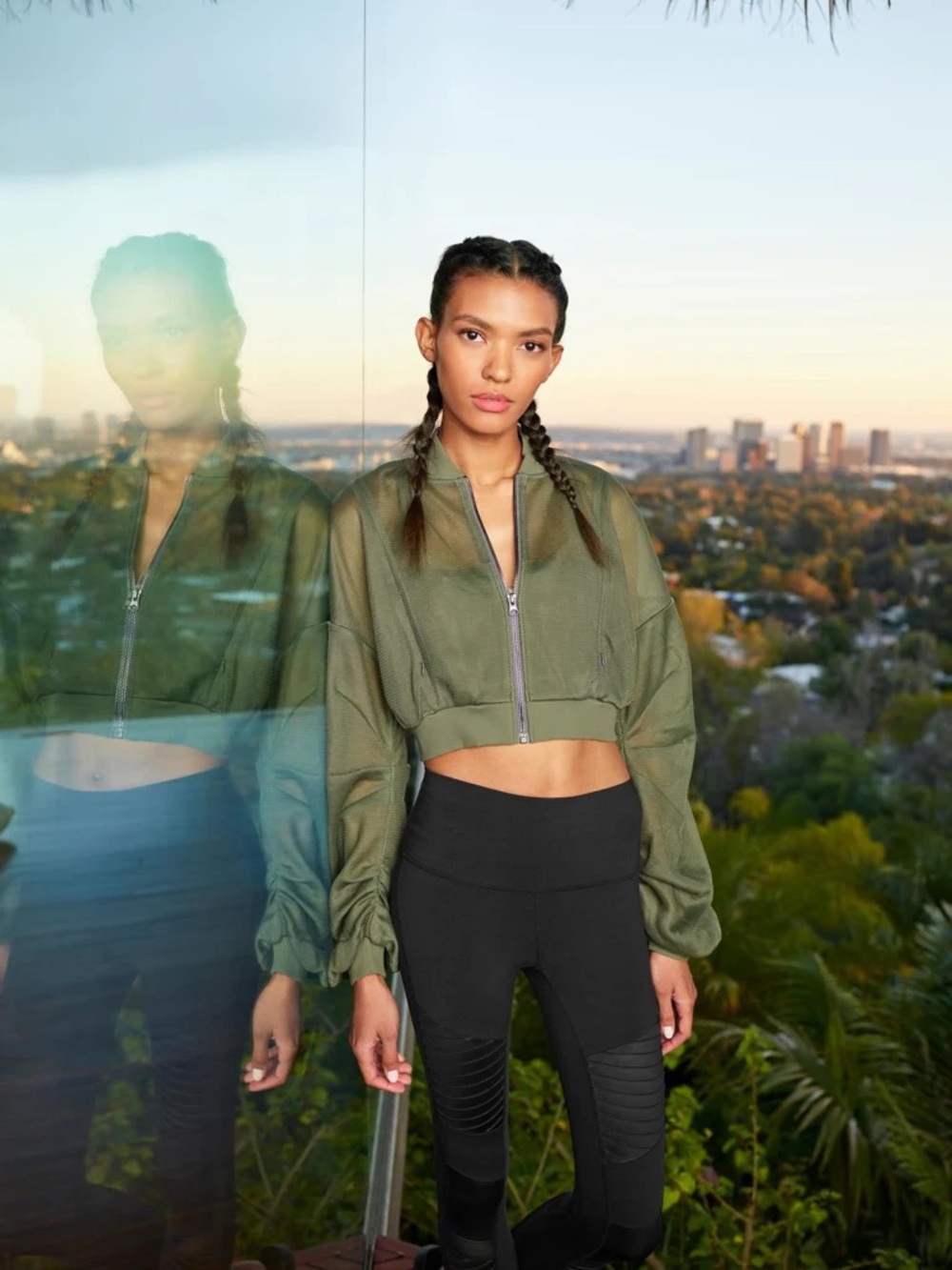 Alo Yoga Crop Field Jacket in Olive Green Mesh Statement Jacket